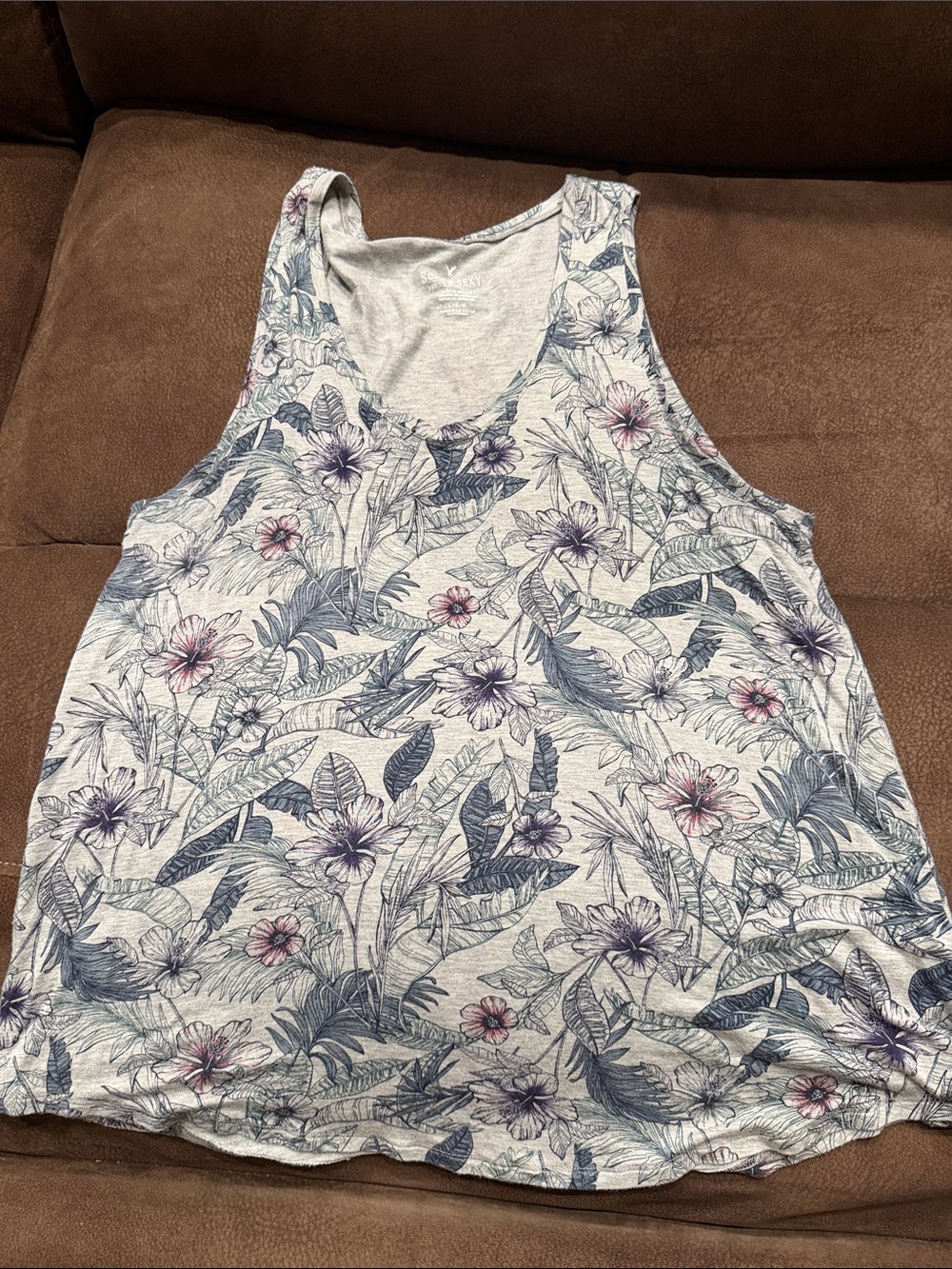 Women's Floral Scoop Neck Tank Top - Light Gray with Blue & Pink Print